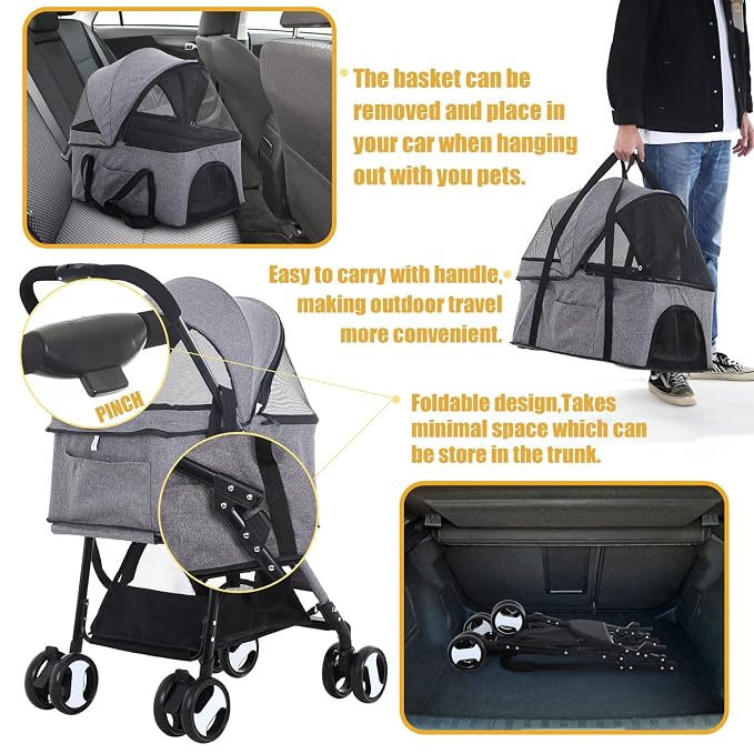 Dog Stroller 3-in-1 Folding Dog Stroller for Medium Small Dogs Pet Stroller Cat Stroller 4 Wheels with Detachable Carrier Storage Basket Waterproof Lightweight for Travel,Grey