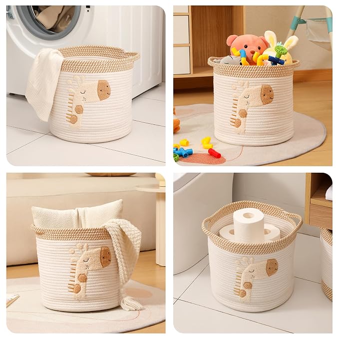 Toy Storage Baskets Woven Cotton Rope Storage Basket for Kids, Blanket Baskets for Living Room Toys Organizer with Embroidery Decor, Cute Baskets with Handle for Nursery, Playroom (Giraffe)