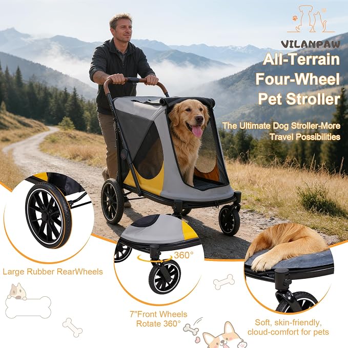 Dog Stroller for Large-Dogs: Easy Fold Dual Entry Onefoot Brake | All Terrain Dog Wagon Cart with Air Mesh, Ideal for Breeds up to 92 lbs