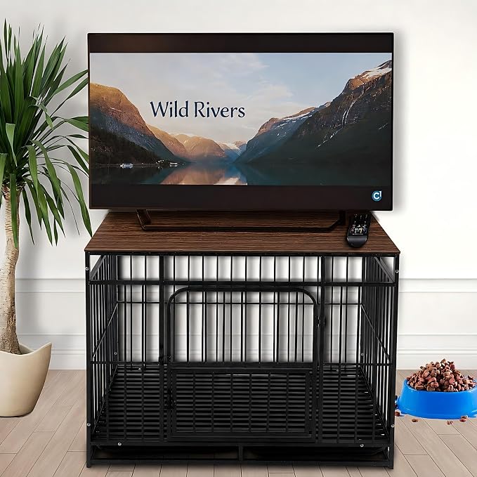 Dog Crate Topper with Magnets for 48 Inch Crate - Aluminum Foldable Dog Kennel Topper Decorative Storage Pet Crate Table Rustic Brown (Only Topper)