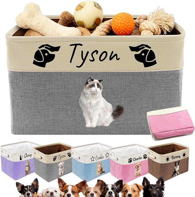Personalized Dog Toy Basket Collapsible Storage Organizer Bin with Custom Pet Name Photo Foldable Canvas Box for Toys, Treats, Leash, Clothes Blankets Portable Handle Design