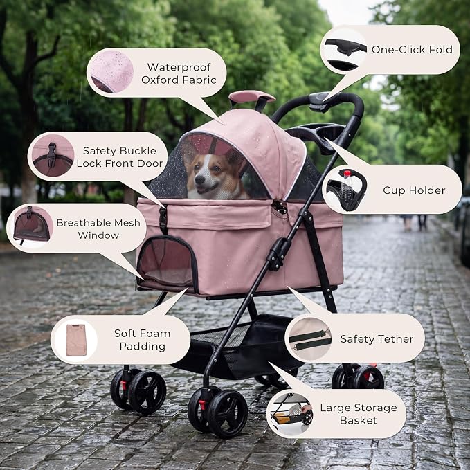 4-Wheel Pet Stroller for Small Medium Dogs Cats, One-Click Foldable | Portable Dog Stroller, Detachable Carrier, Cup Holder & Storage Basket, Safety Tether, Breathable Mesh, Up to 44lbs, Pink