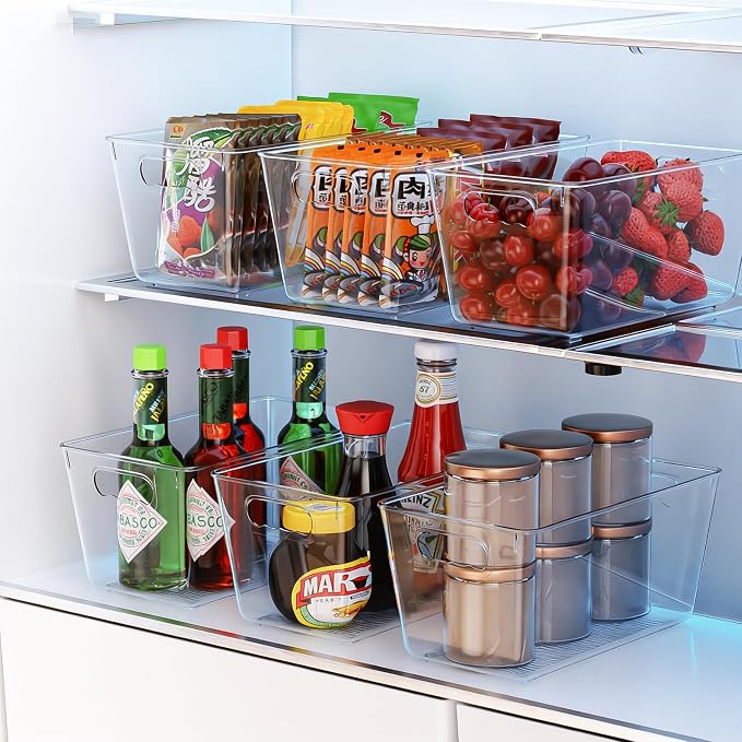 Clear Fridge Organizer Bins with Handles, 6 Pack 9.5×5×4.5 Inch | Clear storage bins with handles, food organizer basket for kitchen, fridge, freezer and bedrooms