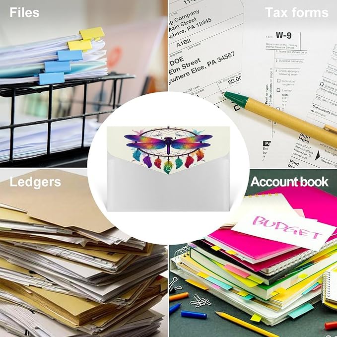 Paper Receipt Bill Filing Organizer, Reusable Colorful Dragonfly Dream Catcher Art File Folders for Home Office Essentials Supplies