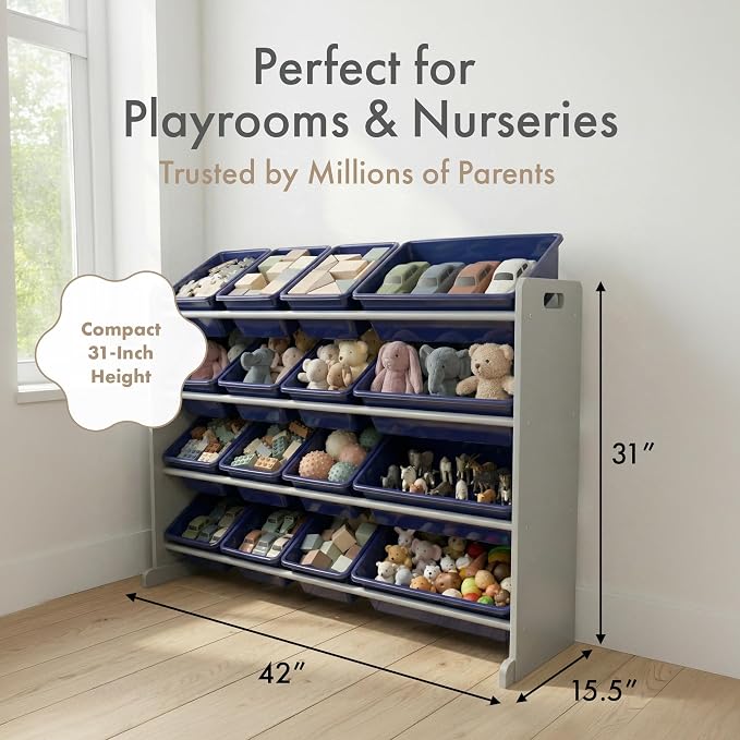 Humble Crew Kids Toy Organizer with 16 Bins, 4 Tier Storage for Playroom | Sturdy wood and steel toddler shelf, removable BPA-free containers, wall anchor anti-tip safety kit for bedroom or classroom