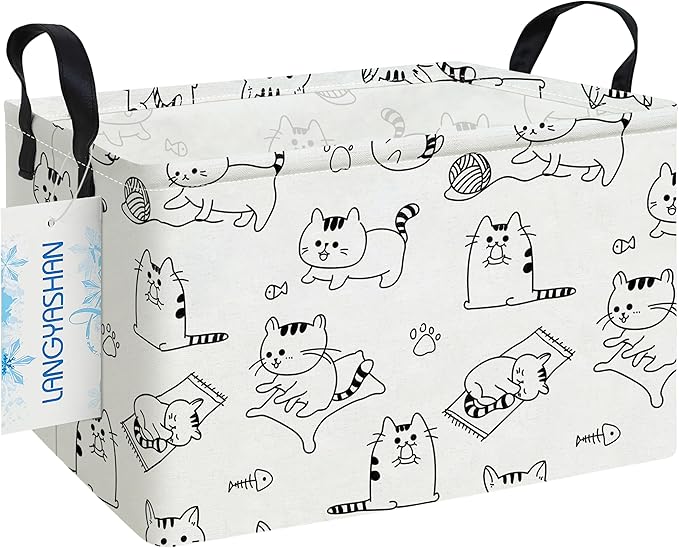 Rectangular Collapsible Cat Storage Basket Nursery Toy Organizer | Storage Bin Foldable Canvas with Handles for Organizing Home Kitchen Children Toys Office Closet Shelf Baskets