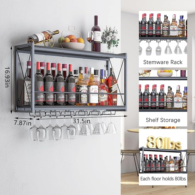 Dokser Wine Rack Wall Mounted Shelf - 2 Tier Wine Bottle Holder for Kitchen | Black 2 Tier Wall Wine Rack with Rustic Wood & Industrial Iron Frame Wine Bottle Holder for Dining Room, Home Bar Decor 31.5"