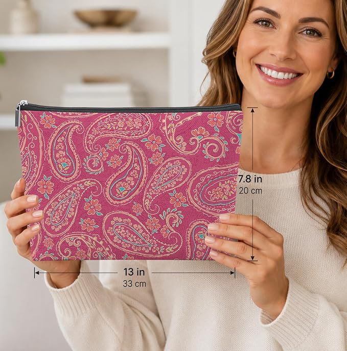 Preppy Hot Pink Paisley Empty Mahjong Tile Bag 13x7.8 Inch, | Boho Floral Printed Portable Travel Case Organizer Zipper Pouch for American Mahjong Tiles Game Night Accessories and Gifts