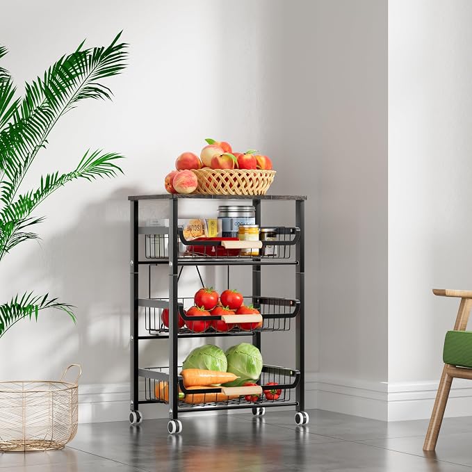 Fruit Vegetable Basket for Kitchen,4 Tier Pantry Organizers and Storage,Snack Organizer for Countertop,Pantry Cart,Metal Wire Storage Shelf Organizer Baskets for Kitchen, Pantry, Bathroom