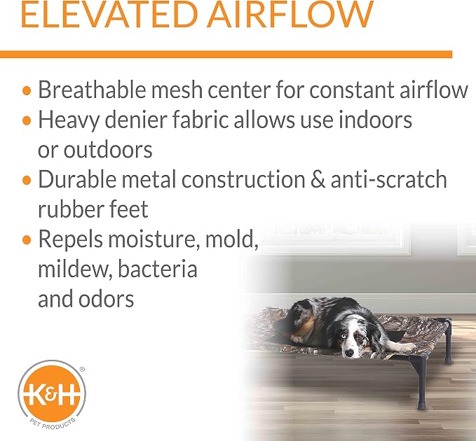 K&H Outdoor Elevated Dog Bed, Cooling Raised Dog Bed, Camo, Medium 32x25in | Pet Cot for Medium & Large Pets, Breathable Mesh Center Hammock Design, Indoor/Outdoor Washable Cover, 32x25in