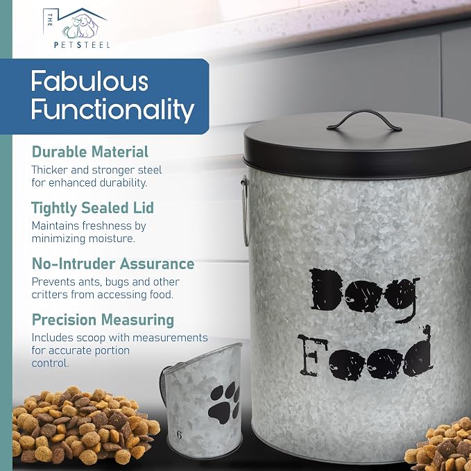 Large Dog 60lb Pet Food Storage Canister or Dog Bin with Scoop – Durable & Airtight for Freshnesss, Minimalist Design & Recyclable, Huge Large Metal Container