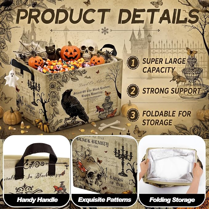 4 Pcs Vintage Halloween Storage Basket for Gifts Large Retro Gothic Themed Storage Bins with Handles 15 x 10 x 8 Fabric Laundry Baskets Halloween Collapsible Organizer Boxes for Home Cloth Toy