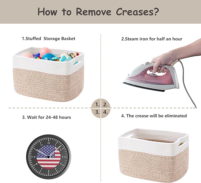 4 Pack Storage Baskets for Organizing Woven Baskets for Shelves | Cotton Rope Rectangle Storage Basket Bins for Bedroom & Living Room 12.7''Lx9''Wx7.8''H, Brown & White