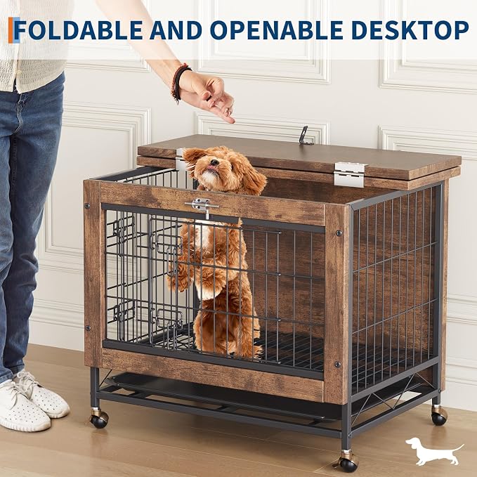 Rustic Brown with Dog Crate Furniture with Wheels, Easy Mobility & Secure Placement, Dual Doors & Top-Opening Access, Cleaning & Comfort, Multi-Functional & Space-Saving Design