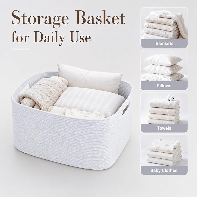 Cotton Rope Laundry Basket Extra Large, 22.8GAL Collapsible Woven Storage Baskets for Living Room Kids Toys Stuffed Animal,Boho Rectangular Decorative Hamper for Dirty Clothes, Blankets Pure White