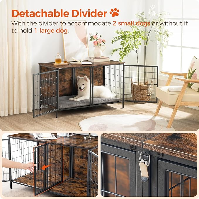 MAHANCRIS Dog Crate Furniture for 2 Dogs, 43.3" Dog Kennel with Removable Divider, Heavy Sturdy Dog Furniture Style Double Cage for Small Medium Dog, Indoor Pet House End Table, Rustic Brown DCHR1201
