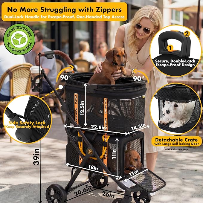 PAWZIDEA Double Pet Stroller with 2 Detachable Carrier for Multiple Pets | Portable Travel Crate & Car Seat Combo & TSA-Approved Expandable Carrier, Foldable Jogger Stroller for 2–4 Cats or Small Dogs