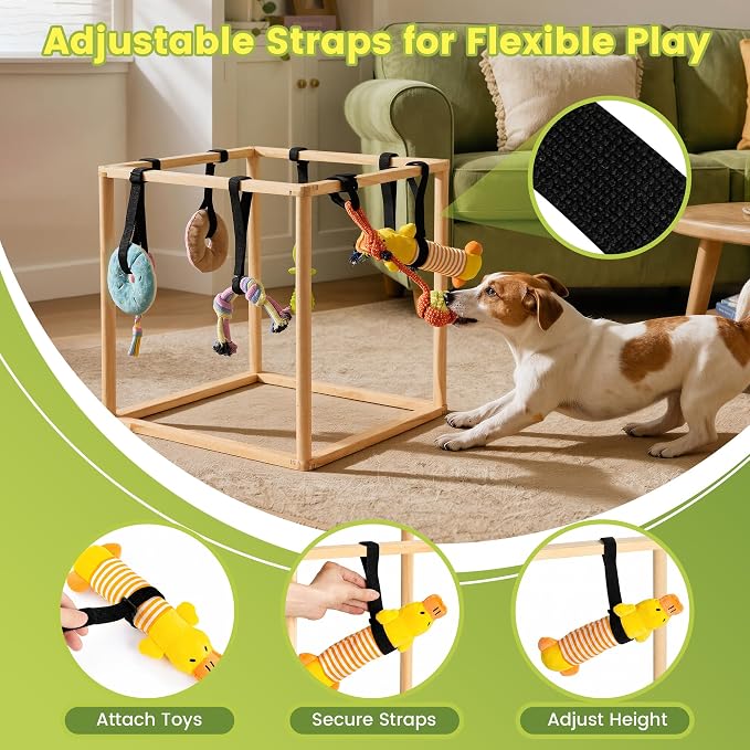 Puppy Play Gym for Small Dogs, Wooden Indoor Dog Playground with Hanging Toys, Interactive Puppy Gym & Jungle Gym for Enrichment, Agility Equipment (16.9 inch)