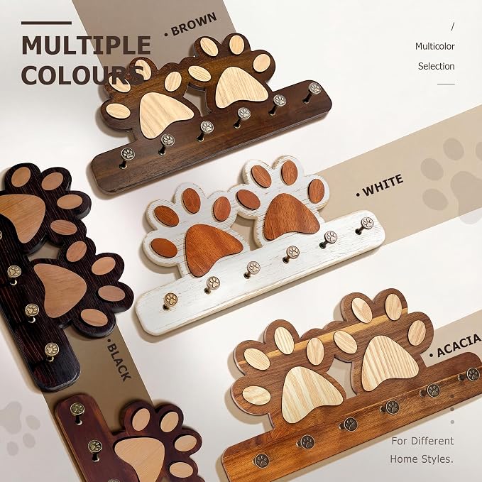 MTERSN Cute Dog Leash Holder for Wall for Apartment Essentials, Dark Brown | Acacia Wood, 3D Pet Claw Hooks, Wall Key Holder with 6 Hooks Dog Leash, Ideal for Wall Decor, Gift Idea for Dog Lovers