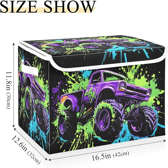 Fabric Storage Bins with Lid Monster Truck Closet Storage Basket 40L | Decorative Storage Boxes, 300D Oxford Cloth, Hollow Board Frame, Flip Top Velcro Lid, 16.5x12.6x11.8 inch, Collapsible Design