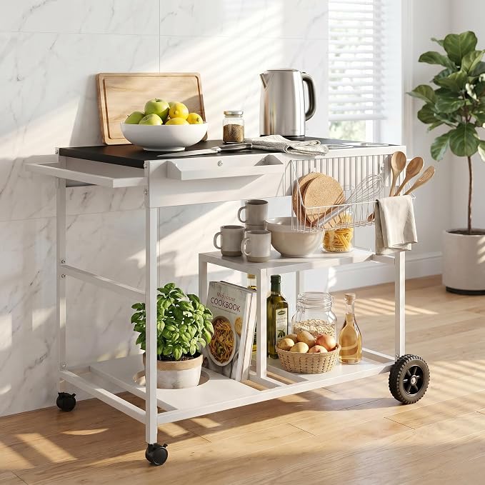 JY QAQA 54" Rolling Kitchen Prep Cart with Storage Basket & Shelves, Portable Kitchen Island Table with Wheels, Multi-Tier Metal Kitchen Workstation with Black Countertop for Food Prep & Organization
