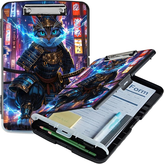 A4 Clipboard with Storage Pen Holder, Clipboards Organizer Nursing Clipboard Foldable File Folder Plastic Clipboard Folio Clip Board for Office Work Classroom Doctor, Blue Flame Cat
