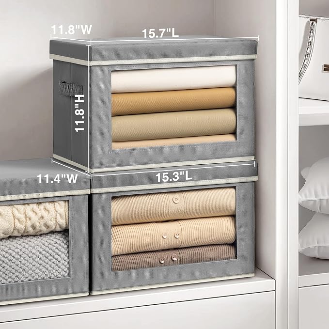 Storage Bins with Lids, 4 Pack Large Storage Cubes with Window, Closet Bins with Lids & Handles, Fabric Box for Organizing Clothes, Towels, Books, Grey