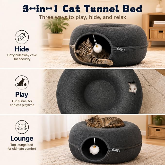 Felt Cat Tunnel for Large Indoor Cats, 24" x 24" x 12" Peekaboo Cave Bed | Dark Grey 24" x 24" x 12" sturdy 1300g felt cave with 7" entrance, rear peek hole, large zipper and hanging ball.