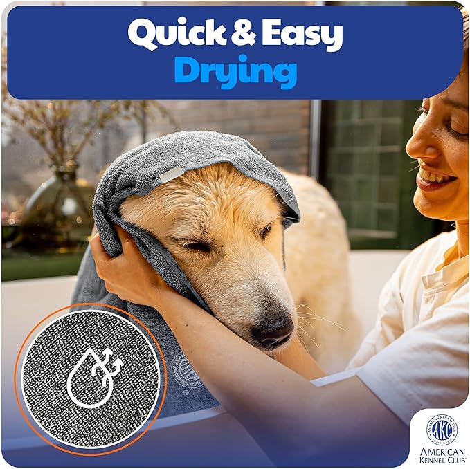 AKC - Dual-Sided Dog Grooming Glove with Silicone Bristles | Quick-Dry Towel | 2-in-1 Pet Grooming Tool for Bathing, Brushing, Shedding, Massaging & Coat Care for Small Medium & Large Dogs