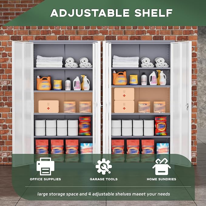 Greenvelly Metal Storage Cabinet, 72" Locking Metal Garage Storage Cabinet with Doors and 4 Adjustable Shelves, Lockable Steel Cabinet for Home Office, Garage, Shop, School (White Grey 36" W x 18" D)