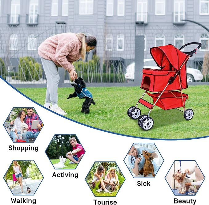 Best 4 Wheels Pet Stroller for Dog Cat, Lightweight and Foldable Pet Jogger Stroller, Carrier Strolling Cart W/Cup Holders Removable Liner for Small and Medium Dog Cat or Pet - Red