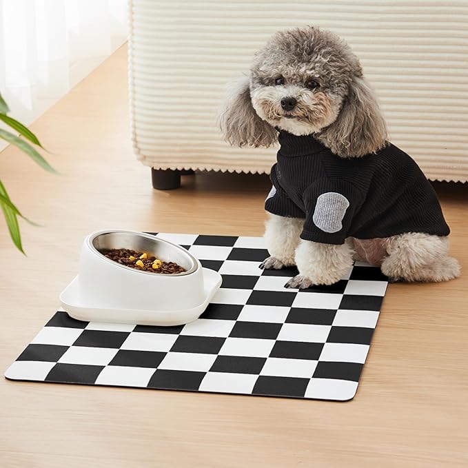 Ralxion Checkered Dog Feeding Mat, Absorbent Mats for Dog Food and Water Bowl, Dispenser, Feeder, Retro Aesthetic Black Checkerboard Pet Placemat for Dogs, Cats, Puppy Accessories, 16" X 24”