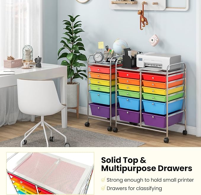 12 Drawer Rolling Storage Cart, Art Cart Organizer on Wheels, Mobile Utility Cart with Drawers, Multipurpose Craft Drawers for Home Office School Classroom (Multicolor)