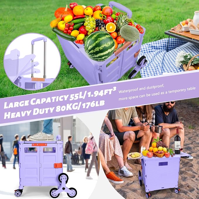Foldable Utility Cart Collapsible Portable Crate Rolling Carts with Stair Climbing Wheels Tote Basket with Magnetic Lid Telescopic Cover Wear-Resistant 360°Rotate Wheel Noiseless for Shopping Office