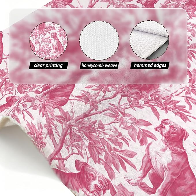 Pitbull Kitchen Dish Towels,Pink and White Floral Dog Towel Dish Tea Towels, Chinoiserie Decor for Kitchen Bathroom,Pitbull Gifts for Dog Lover Mom Dad,16x24 Inch