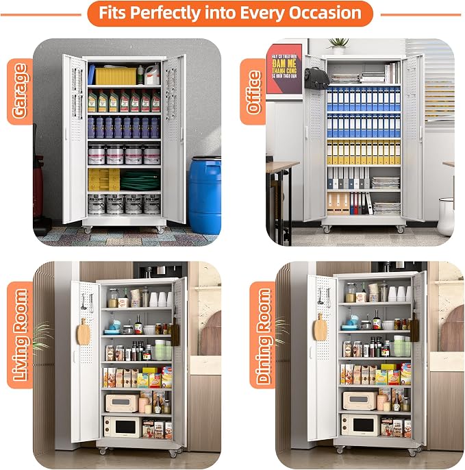71" White Metal Storage Cabinet with Wheels and Pegboard | 16"D x 32"W x 71"H steel cabinet; lockable doors, 5 adjustable shelves, and wheels for garage, office, pantry.