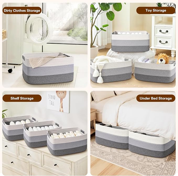 2 Pack Large Storage Basket for Organizing, 17.5"x13"x7" Woven Basket for Shelves, Closet Cube Storage Bins with Wrapped Handle, Cotton Rope Baskets for Kitchen, Clothes, Toys(Gradient Grey)
