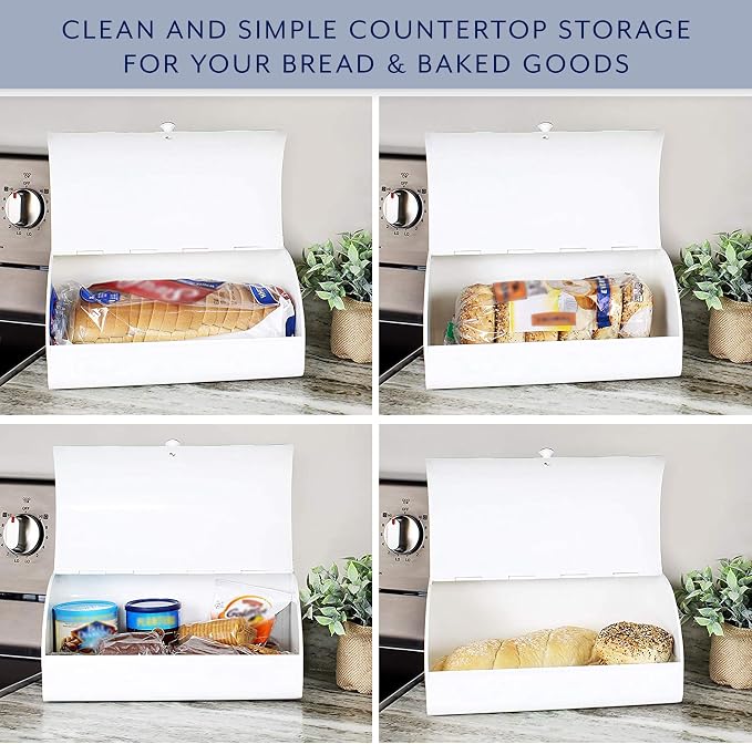 AuldHome Design Rustic White Bread Box; Farmhouse Vintage Enamelware Countertop Bread Bin
