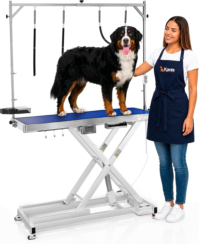 Professional Electric Dog Grooming Table - Heavy Duty | Height Adjustable Pet Grooming Table w/Leveling Wheels, Dog Grooming Arm, Anti-Slip Tabletop & Tool Organizer (White, 49")