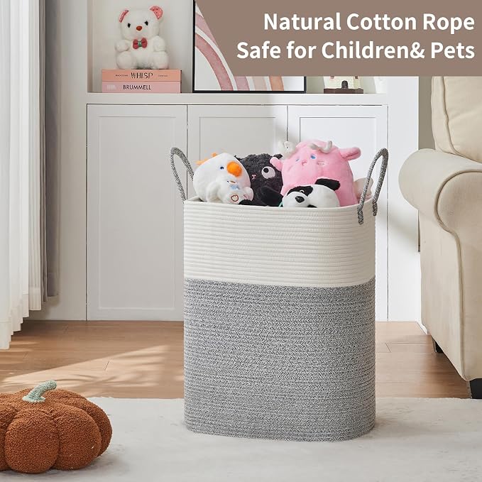 AINUOQI Laundry Basket with Handles - Blanket Basket & Hampers for Bedroom Aesthetic, Laundry Hamper & Blanket Storage for Living Room, Clothes Hamper, Tall,Large 21.7" x 16.9" x 11.8”, Light Grey