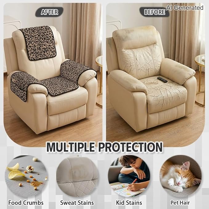 Leopard Print Recliner Chair Covers Non Slip 4 Piece Stylish | Cheetah Quilted Recliner Chair Protectors Slipcover with Side Pockets,Washable Furniture Covers for Recliners And Armchairs