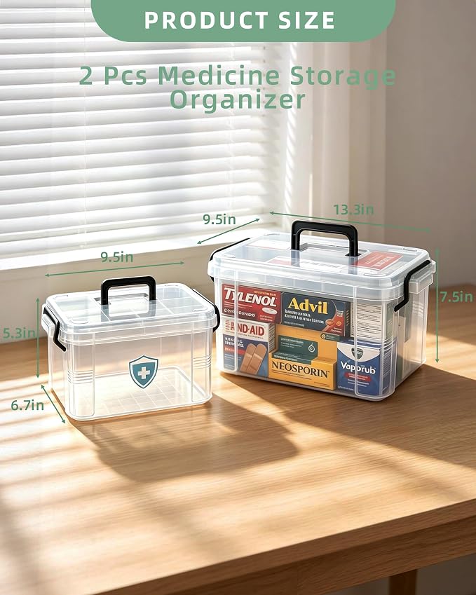 2 Pack Clear Medicine Storage Box with Removable Tray, Empty First Aid Box