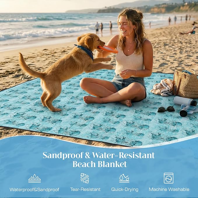 OIGAE Beach Blanket Waterproof Sandproof Oversized Beach Mat | Picnic Mat with Stakes, Storage Bag - Essentials for Outdoor Beach, Picnic,Quick-Dry Lightweight,Windproof Pockets