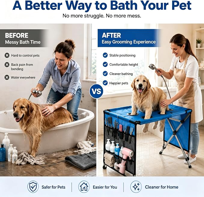 Foldable Pet Bathing Stand Holder Grooming Shower 8-Hole Wash Hammock,Washing Bed for Small Dogs and Cats Washing Picking Ears Nail Clipping,Stainless Steel Grooming Table with Stand，Ordinary-Pink