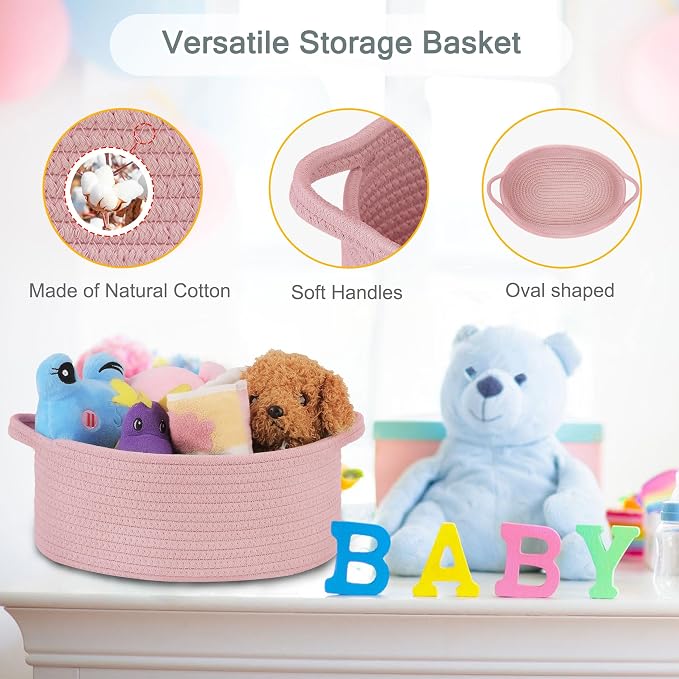 COMSE Empty Small Gift Basket with Bag & Ribbons, Dusty Pink | Cotton Rope, 12"x 8"x 5", Baby Toy Organizer, Stores Small Items for Bedrooms, Nurseries, Bathrooms, Living Rooms, Offices