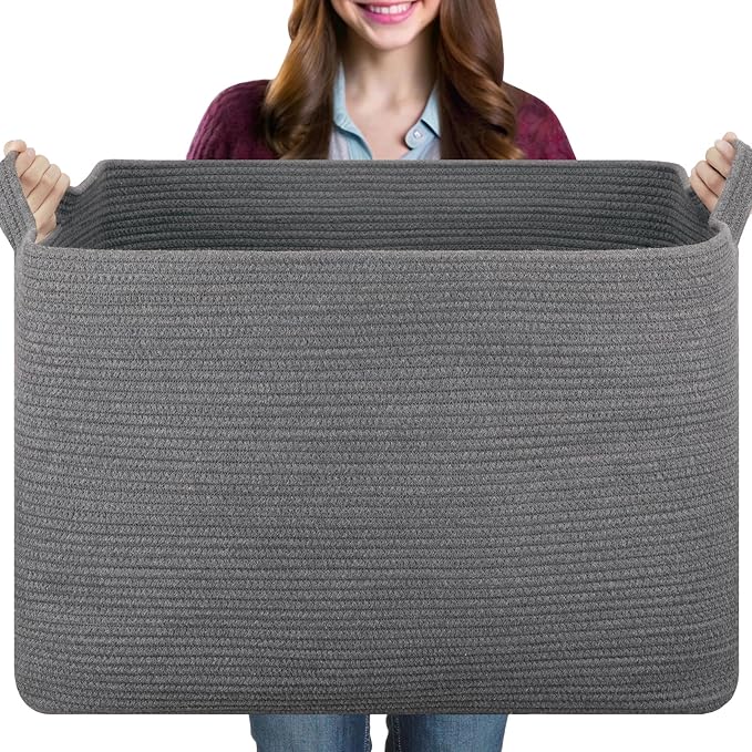 OIASKET 108L Extra Large Blanket Basket Living Room, 24.8" x 16.2" x 16.2" | Rectangle Woven Laundry Hamper, Nursery Blanket Storage Living Room, Toy Storage With Handle, Large Baskets for Organizing