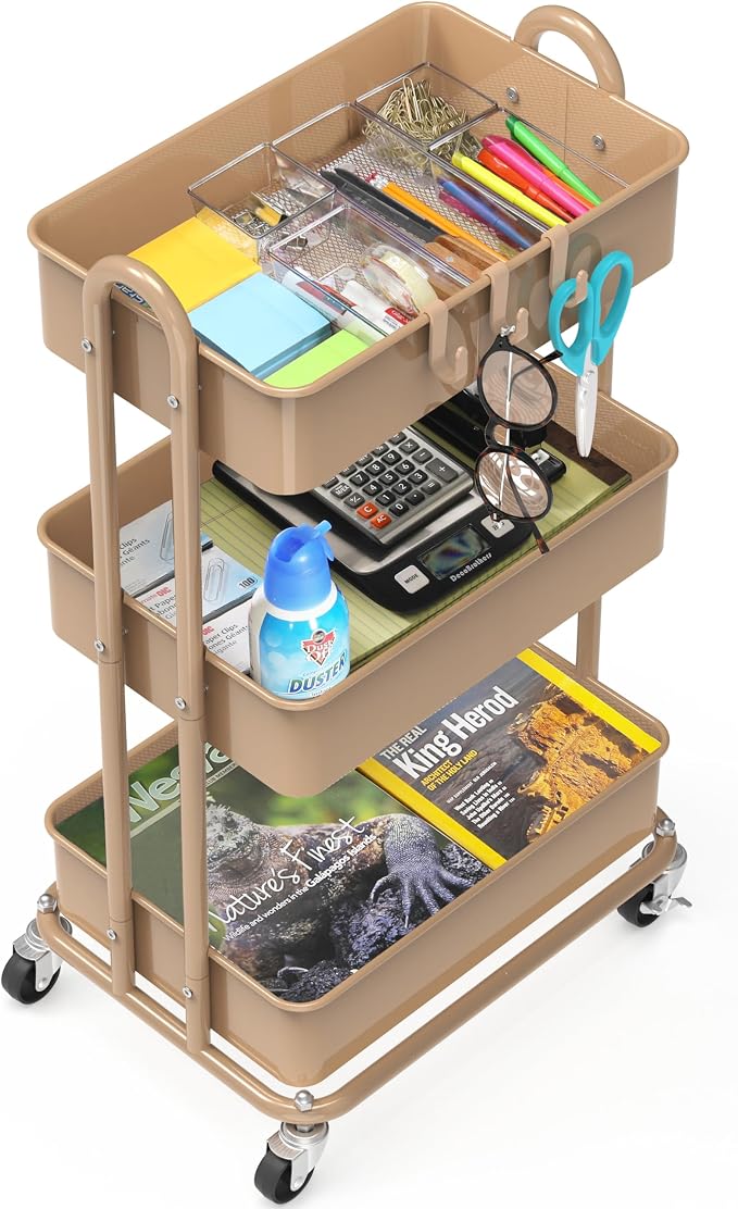 Simple Houseware 3-Tier Heavy Duty Metal Utility Rolling Cart, Khaki