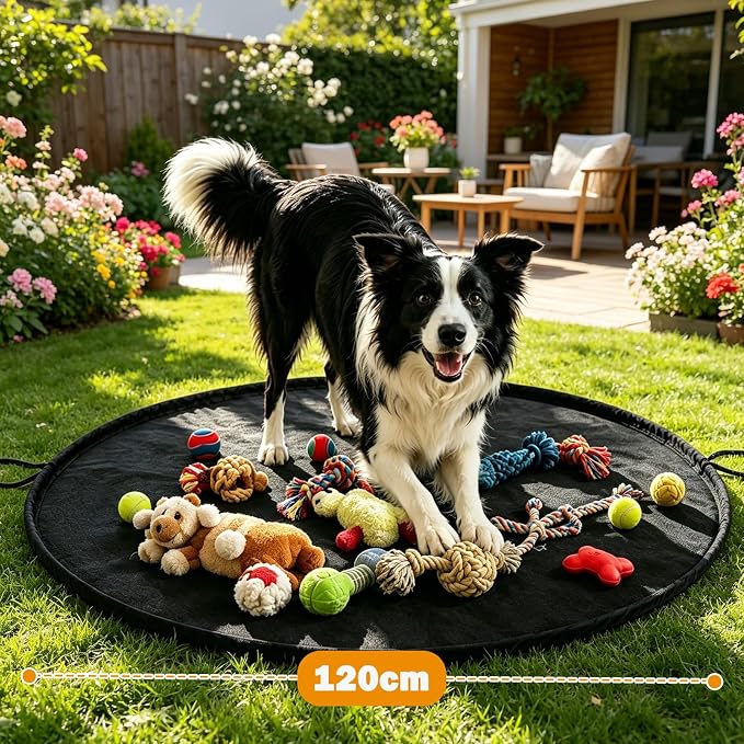 SZEE 2 in 1 Dog Toy Storage Bag and Reusable Play Pad, Washable Drawstring Pet Organizer, Pads for Indoors Dogs Play Pen, Oxford Fabric Waterproof Dog Mat for Floor, Car Trunk & Backyard, 47.24 in