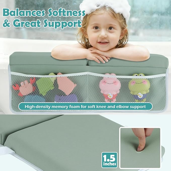 Baby Bath Kneeler and Elbow Rest Pad Set, Gray Green | 1.5" Thick Soft Memory Foam, Bath Toys Organizer, Non-Slip, Quick-Dry, Foldable, Gift for Parents