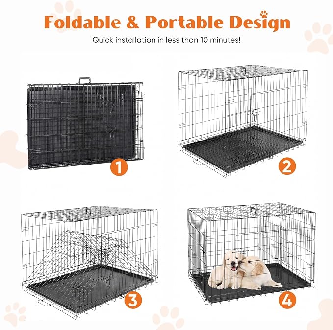 Sweetcrispy 42 Inch Dog Crate, Medium Large Dog Cage, Foldable Pet Kennel | Double Door, Metal Kennel, Secure Lock, Removable Tray, Indoor Outdoor Training Travel